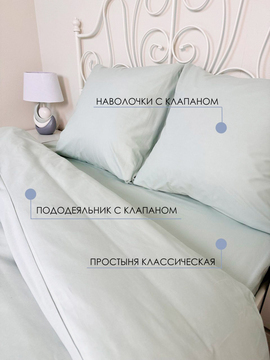 КПБ  поплин однотонный Оливковая коллекция с простыней на резинке (160*200*25) Реноме <12-6205 Нежная мята> 